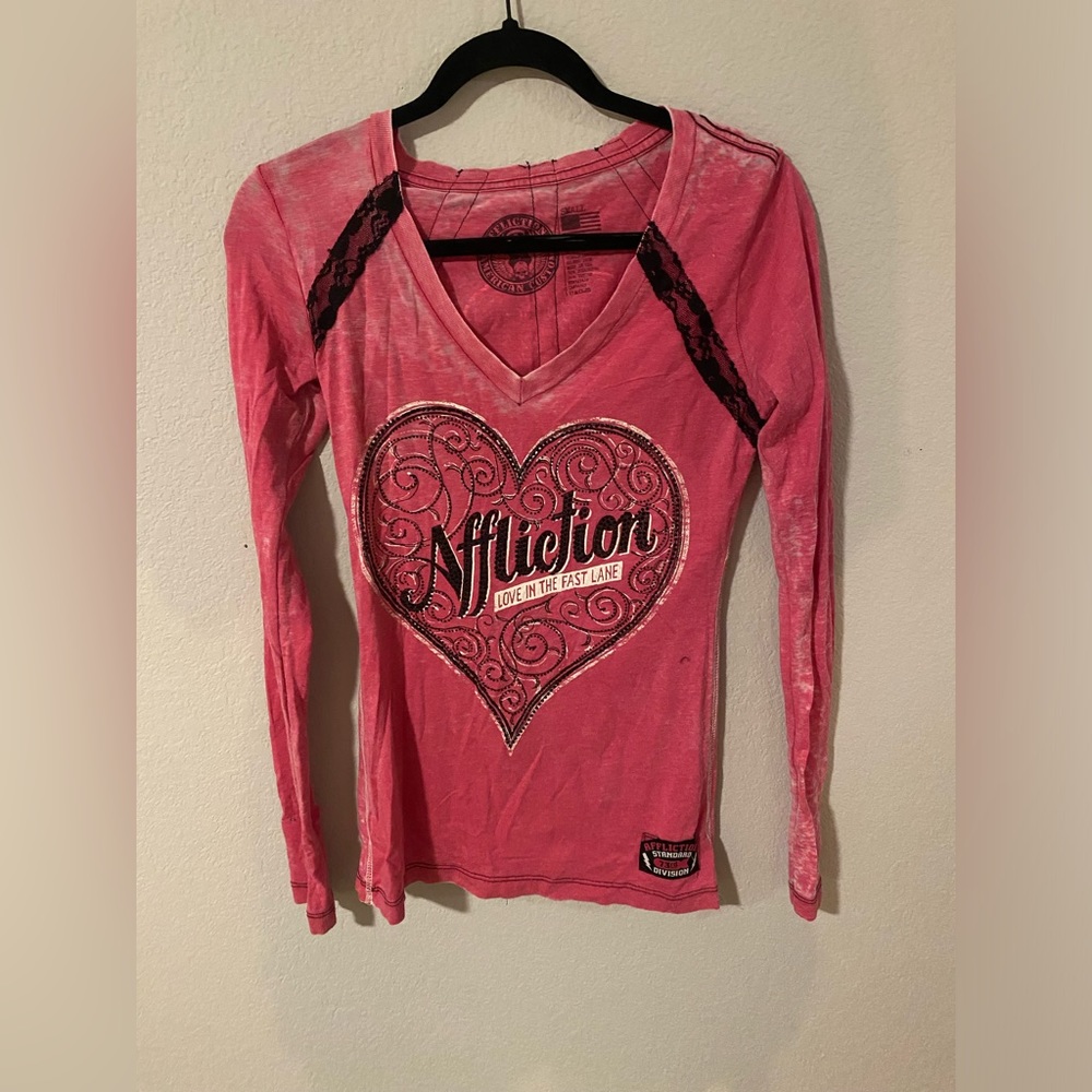 AFFLICTION pink heart long sleeve sparkly